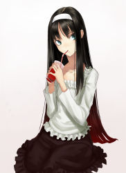 Rule 34 | 00s, 1girl, bad id, bad pixiv id, black hair, blood, blue eyes, cup, drinking, drinking straw, ghoul, hairband, long hair, multicolored hair, simple background, skirt, sodeya itsuki, solo, tohno akiha, tsukihime, white background