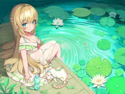 Rule 34 | 1girl, blonde hair, blue bra, blue eyes, bra, bra strap, braid, breasts, carp, cat, chinese commentary, cleavage, closed mouth, commentary, dress, fish, flower, highres, koi, leaf, lily pad, long hair, looking at viewer, lotus, medium breasts, original, pond, ramune, ripples, sitting, soaking feet, solo, sparkle, underwear, water, water drop, wet, wet clothes, wet dress, white dress, xi luo