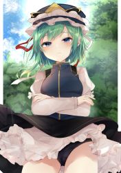 Rule 34 | 1girl, asymmetrical hair, black panties, black skirt, blouse, blue eyes, blue vest, blush, border, breasts, closed mouth, clothes lift, cloud, commentary request, cowboy shot, crossed arms, frilled hat, frilled skirt, frills, gold trim, green hair, hair between eyes, hat, highres, karasusou nano, lace, lace panties, layered skirt, long sleeves, looking at viewer, panties, pantyshot, shiki eiki, shirt, short hair, skirt, skirt lift, sky, small breasts, solo, standing, touhou, tree, underwear, vest, white shirt, white skirt, wind, wind lift