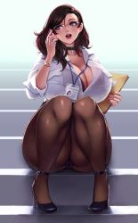 Rule 34 | 1girl, artist name, ass, backlighting, beryl (junkpuyo), bra, bra visible through clothes, breasts, brown hair, cellphone, choker, cleavage, collarbone, collared shirt, curvy, earrings, glasses, heart, heart choker, high heels, highres, huge ass, huge breasts, id card, jewelry, junkpuyo, lace, lace-trimmed bra, lace trim, lipstick, long hair, makeup, mature female, nail polish, necklace, office lady, open collar, open mouth, original, panties, pantyhose, pantyshot, parted lips, phone, purple bra, purple eyes, purple panties, ring, see-through, shirt, sitting, smartphone, smartphone case, smile, solo, talking on phone, thick thighs, thighs, underwear, watch, wedding ring, wide hips