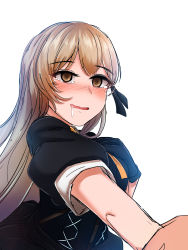 Rule 34 | 1girl, absurdres, blonde hair, blush, brown eyes, crying, crying with eyes open, drooling, earrings, girls&#039; frontline, gun, handgun, highres, holding hands, jewelry, long hair, ppk (girls&#039; frontline), puffy short sleeves, puffy sleeves, short sleeves, simple background, smile, solo focus, tears, very long hair, walther, walther ppk, weapon, yellowseeds