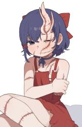 1girl blue_eyes blue_hair bow closed_mouth commentary dress english_commentary flat_chest highres horns looking_at_viewer miside o-ring one_eye_closed opossumachine red_bow red_dress scar short_hair simple_background single_horn sitting solo tiny_mita_(miside) white_background