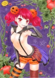 Rule 34 | 1girl, :p, arched back, armpits, asymmetrical legwear, bloomers, blush, breasts, earrings, elbow gloves, english text, flat chest, food-themed hair ornament, gloves, hair ornament, halloween, hand on thigh, highres, jack-o&#039;-lantern, jewelry, kirikirimai (kkm), looking at viewer, mismatched legwear, naked suspenders, naughty face, navel, nipple slip, nipples, original, pumpkin, pumpkin hair ornament, red eyes, red hair, revealing clothes, solo, standing, striped clothes, striped thighhighs, suspenders, thighhighs, tongue, tongue out, traditional media, trick or treat, twintails, underwear, zettai ryouiki