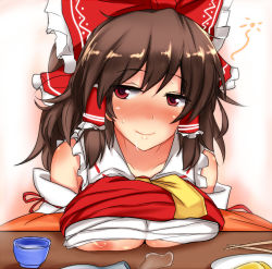 Rule 34 | 1girl, alcohol, ascot, bare shoulders, blush, bow, breast rest, breasts, brown hair, budget sarashi, chopsticks, clothes lift, detached sleeves, drunk, female focus, hair bow, hair tubes, hakurei reimu, japanese clothes, large breasts, long hair, looking at viewer, miko, nipple slip, nipples, nose blush, poshi (ginmokusei), red eyes, sake, sarashi, smile, solo, squeans, touhou, upper body