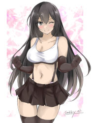 Rule 34 | 1girl, ;), artist name, bare shoulders, black hair, black skirt, black thighhighs, blush, breasts, cleavage, clenched hands, collarbone, cosplay, cowboy shot, crop top, dated, elbow gloves, final fantasy, final fantasy vii, gakky, gloves, hair between eyes, kantai collection, large breasts, long hair, looking at viewer, miniskirt, nagato (kancolle), one eye closed, skirt, sleeveless, smile, solo, square enix, suspender skirt, suspenders, tank top, thighhighs, tifa lockhart, tifa lockhart (cosplay), white tank top, yellow eyes