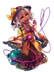 Rule 34 | 1girl, :d, bad id, bad pixiv id, bags under eyes, black hat, bow, corded phone, cowboy shot, cropped legs, eyeball, floral print, frilled shirt collar, frilled sleeves, frills, glowing, glowing eyes, green eyes, green skirt, hat, hat bow, heart, heart of string, highres, komeiji koishi, long sleeves, looking at viewer, open mouth, phone, shirt, short hair, silver hair, skirt, smile, solo, third eye, touhou, white background, wide sleeves, yellow bow, yellow shirt, yudaoshan