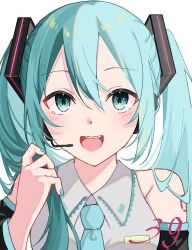 Rule 34 | 1girl, :d, aqua eyes, aqua hair, aqua nails, aqua necktie, arm tattoo, black sleeves, blush, breasts, collared shirt, commentary, detached sleeves, double-parted bangs, fanged bangs, fingernails, grey shirt, hair between eyes, hair ornament, hand up, hatsune miku, headphones, headset, highres, holding, holding own hair, long bangs, long hair, looking at viewer, microphone, miku day, nail polish, necktie, number tattoo, open mouth, portrait, shiel 0, shirt, simple background, sleeveless, sleeveless shirt, smile, solo, straight-on, tattoo, teeth, twintails, upper teeth only, vocaloid, white background
