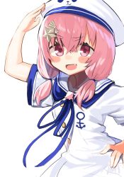 Rule 34 | 1girl, :d, arm up, beret, blue ribbon, blush stickers, dress, fang, hair between eyes, hand on own hip, hat, highres, long hair, low twintails, moti yousei, neck ribbon, nijisanji, open mouth, pink hair, purple eyes, ribbon, sailor collar, sailor dress, sasaki saku, sasaki saku (3rd costume), shell hair ornament, short sleeves, short twintails, simple background, smile, solo, starfish hair ornament, thick eyebrows, twintails, v-shaped eyebrows, virtual youtuber, white background, white dress, white hat, white sailor collar, wide sleeves
