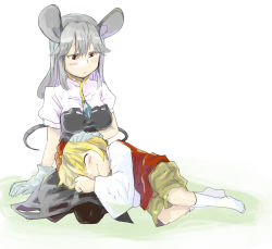 Rule 34 | 2girls, :3, aged down, aged up, animal ears, blonde hair, blush, child, closed eyes, dress, female focus, gloves, grey dress, grey hair, hand on head, jewelry, lap pillow, mouse ears, mouse tail, multiple girls, nazrin, pendant, red dress, red eyes, role reversal, sape (saperon black), shirt, sketch, tail, toramaru shou, touhou, white shirt
