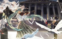 Rule 34 | 1girl, bag, bird, building, character request, cloud, column, dove, closed eyes, feathers, green hair, hat, hatsune miku, highres, instrument, kagamine len, kagamine rin, kaito (vocaloid), long hair, long skirt, megurine luka, pillar, playing instrument, rolling suitcase, saberiii, skirt, sky, stairs, suitcase, sun hat, top hat, twintails, very long hair, violin, vocaloid