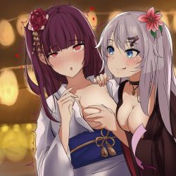 Rule 34 | 2girls, 9a-91 (girls&#039; frontline), :o, alternate costume, bad id, bad twitter id, blue eyes, blush, grabbing another&#039;s breast, breast hold, breasts, brown kimono, cleavage, closed mouth, collarbone, flower, girls&#039; frontline, grabbing, hair flower, hair ornament, hairclip, heart, heart print, highres, japanese clothes, kimono, licking lips, long hair, looking at another, looking at viewer, medium breasts, multiple girls, multiple views, nail polish, open mouth, purple hair, red eyes, side ponytail, silver hair, simple background, smile, sugar desu, tongue, tongue out, upper body, wa2000 (girls&#039; frontline), white kimono, yuri