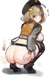 Rule 34 | 1girl, absurdres, ahoge, anis (nikke), anus, ass, back, beret, black hat, black thighhighs, blush, boots, breasts, brown eyes, brown footwear, cleft of venus, closed mouth, color guide, commentary, cropped jacket, embarrassed, from behind, frown, full body, goddess of victory: nikke, grey jacket, hand on own ass, hat, highres, jacket, light brown hair, looking at viewer, medium breasts, multicolored clothes, multicolored jacket, no panties, orange jacket, pussy, rehu, short hair, simple background, sketch, solo, squatting, thighhighs, two-tone jacket, uncensored, white background