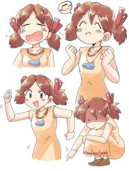 Rule 34 | 1girl, :d, blue eyes, breasts, brown hair, closed mouth, dress, hair ornament, instrument, jewelry, josette, looking at viewer, multiple views, necklace, ocarina, open mouth, short hair, short twintails, simple background, smile, tsubobot, twintails, white background, wonder project j2