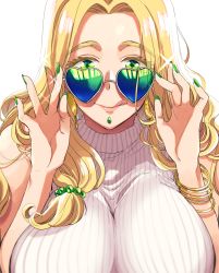 Rule 34 | 1girl, :q, alternate costume, bare shoulders, blonde hair, bracelet, breasts, casual, contemporary, earrings, eyelashes, fate/grand order, fate (series), forehead, green eyes, green nails, heart, heart-shaped eyewear, highres, jewelry, large breasts, long hair, looking at viewer, nail polish, parted bangs, piercing, quetzalcoatl (fate), ribbed sweater, simple background, smile, solo, star (symbol), sunglasses, sweater, tongue, tongue out, white background, yukataro