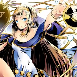 Rule 34 | 1girl, blonde hair, blue eyes, blue nails, bracelet, breasts, cleavage, divine gate, dress, facial mark, floating hair, hair ornament, hairband, hairpin, highres, jewelry, long hair, looking at viewer, mady (madine08260), medium breasts, nail polish, necklace, outstretched arm, shadow, short dress, sideboob, sleeveless, sleeveless dress, solo, standing, standing on one leg, very long hair, white background, white dress, yellow hairband