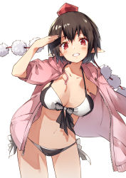 Rule 34 | 1girl, arm up, bikini, bikini under clothes, black bikini, black hair, black ribbon, blush, breasts, commentary request, contrapposto, cowboy shot, drawstring, grin, hair between eyes, halterneck, hat, highres, hood, hooded jacket, hoodie, jacket, large breasts, looking at viewer, multicolored bikini, multicolored clothes, navel, nuqura, open clothes, open jacket, pink hoodie, pink jacket, pointy ears, pom pom (clothes), red eyes, ribbon, salute, shameimaru aya, short hair, side-tie bikini bottom, simple background, sleeves rolled up, smile, solo, standing, stomach, swimsuit, swimsuit under clothes, tassel, thighs, tokin hat, touhou, white background, white bikini