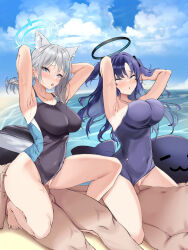 Rule 34 | 2boys, 2girls, ahegao, alternate breast size, alternate costume, animal ear fluff, animal ears, armpits, arms behind head, arms up, barefoot, beach, black one-piece swimsuit, blue archive, blue eyes, blue halo, blue sky, blush, breasts, censored, clothed female nude male, clothed sex, clothing aside, cloud, commentary, competition swimsuit, covered navel, cowgirl position, cross, cross hair ornament, day, extra ears, feet, girl on top, group sex, hair ornament, halo, hetero, highleg, highleg swimsuit, highres, inverted cross, large breasts, legs, looking at viewer, low ponytail, mismatched pupils, moni pai, multicolored clothes, multicolored swimsuit, multiple boys, multiple girls, nude, ocean, official alternate costume, one-piece swimsuit, open mouth, orgy, outdoors, penis, pussy, reverse cowgirl position, school swimsuit, sex, sex from behind, shiroko (blue archive), shiroko (swimsuit) (blue archive), sitting, sitting on person, sky, spread legs, spread toes, squatting cowgirl position, straddling, swimsuit, thighs, toenails, toes, two-tone swimsuit, vaginal, water, wolf ears, yuuka (blue archive)