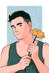 Rule 34 | 1boy, bara, black eyes, black hair, blue background, flower, green tank top, highres, holding, holding flower, imramillust, looking at viewer, male focus, muscular, muscular male, original, short hair, smile, solo, tank top, thick eyebrows, undercut, upper body, white background
