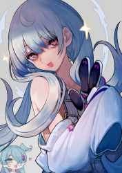 Rule 34 | 2girls, blue eyes, blue hair, blush, chibi, chibi inset, collarbone, commentary request, cosplay, elira pendora, elira pendora (cosplay), floating hair, gloves, grey background, grey hair, grey overalls, hair behind ear, head wings, heart, multiple girls, nijisanji, nijisanji en, off shoulder, one eye covered, overalls, purple eyes, reimu endou, single glove, sleeves past fingers, sleeves past wrists, smile, solo focus, sparkle, sweater, v, virtual youtuber, walzrj, white sweater, wings