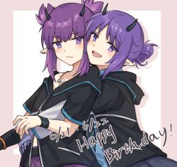 Rule 34 | 2girls, arknights, black gloves, black jacket, black shirt, blue gloves, blue shirt, blue skirt, blush, chinese commentary, collarbone, dated, demon horns, gloves, hair bun, happy birthday, hibiscus (arknights), highres, horns, hug, hug from behind, infection monitor (arknights), jacket, jewelry, lava (arknights), looking at viewer, mabing, multiple girls, navel, necklace, necktie, open mouth, pointy ears, purple eyes, purple hair, purple skirt, shirt, short hair, short twintails, siblings, single hair bun, sisters, skirt, tooth necklace, twintails, upper body, wristband