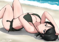 Rule 34 | 1girl, absurdres, arched back, beach, bikini, black eyes, black hair, breasts, bukkuri, chouno ami, cleavage, dated, dutch angle, girls und panzer, green bikini, hand on own head, highres, large breasts, looking at viewer, lying, ocean, on back, sand, sarong, seductive gaze, seductive smile, short hair, smile, solo, swimsuit, thighs, watch, wristwatch