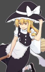 Rule 34 | 1girl, apron, black footwear, black hat, black skirt, black vest, blonde hair, bow, braid, breasts, broom, broom riding, buttons, dark background, frilled hat, frills, hair between eyes, hair bow, hand on headwear, hat, hat bow, highres, kakone, kirisame marisa, long hair, looking at viewer, one-hour drawing challenge, open mouth, petticoat, shirt, short sleeves, side braid, simple background, single braid, sitting, skirt, small breasts, smile, solo, touhou, vest, waist apron, white apron, white bow, white legwear, white shirt, witch hat, yellow eyes