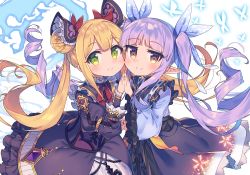Rule 34 | 2girls, black dress, black skirt, blonde hair, blue kimono, blue ribbon, blush, brown eyes, closed mouth, commentary request, crossover, dress, frilled dress, frilled sleeves, frills, green eyes, hair ribbon, highres, holding hands, japanese clothes, juliet sleeves, kimono, kyouka (princess connect!), long sleeves, looking at viewer, luna (shadowverse), multiple girls, neck ribbon, pleated skirt, princess connect!, puffy sleeves, purple hair, red ribbon, ribbon, ringlets, shadowverse, skirt, smile, twintails, wagashi928, wide sleeves