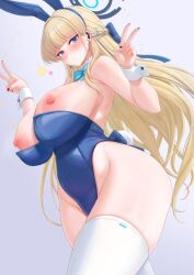 Rule 34 | 1girl, animal ears, bare shoulders, blonde hair, blue archive, blue eyes, blue leotard, blush, breasts, breasts out, cream cod, detached collar, double v, earpiece, fake animal ears, hair ribbon, highleg, highleg leotard, highres, large breasts, leotard, long hair, nipples, official alternate costume, playboy bunny, rabbit ears, ribbon, solo, strapless, strapless leotard, toki (blue archive), toki (bunny) (blue archive), v, wrist cuffs