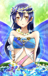 Rule 34 | 1girl, arms behind back, asymmetrical sleeves, bad id, bad pixiv id, blue bra, blue hair, blue wings, blurry, blurry background, blush, bra, butterfly hair ornament, butterfly wings, collarbone, detached sleeves, earrings, flower, hair between eyes, hair flower, hair ornament, head wreath, insect wings, jewelry, lens flare, long hair, looking at viewer, love live!, love live! school idol festival, love live! school idol project, midriff, open mouth, pointy ears, see-through, short sleeves, single sleeve, solo, sonoda umi, standing, stomach, strapless, strapless bra, underwear, uneven sleeves, very long hair, wal---dg7sdr-0128, white flower, white sleeves, wings, yellow eyes