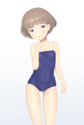 Rule 34 | 1girl, absurdres, blue eyes, blue one-piece swimsuit, breasts, brown hair, competition school swimsuit, covered navel, gluteal fold, highres, index finger raised, looking at viewer, one-piece swimsuit, sc naru, school swimsuit, short hair, simple background, small breasts, solo, standing, swimsuit, white background