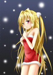 Rule 34 | bare shoulders, barokkusu, blonde hair, christmas, dress, konjiki no yami, long hair, red eyes, snow, solo, strapless, strapless dress, to love-ru, twintails, two side up, very long hair