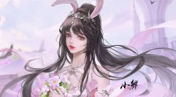 Rule 34 | 1girl, absurdres, animal ears, blurry, blurry background, bouquet, brown hair, building, collar, detached sleeves, douluo dalu, dress, flower, highres, holding, holding bouquet, long hair, looking at viewer, looking to the side, metal collar, outdoors, parted lips, pink dress, ponytail, rabbit ears, railing, solo, tiara, upper body, xiao wu (douluo dalu), zenme maorongrong de a