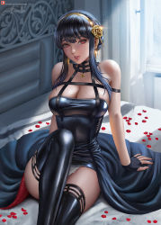 Rule 34 | 1girl, alexander dinh, bare shoulders, black dress, black hair, breasts, cleavage, dress, earrings, fingerless gloves, flower, glint, gloves, gold, hair flower, hair ornament, highres, jewelry, lace, lace panties, large breasts, lips, looking at viewer, panties, pantyshot, petals, red eyes, shiny clothes, sitting, solo, spy x family, thighhighs, thighs, two-sided dress, two-sided fabric, underwear, white panties, yor briar, zettai ryouiki