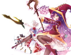 Rule 34 | 5girls, :d, ahri (league of legends), alternate costume, animal ears, arrow (projectile), ashe (league of legends), bad id, bad pixiv id, bag, bare shoulders, blade, bloomers, blue eyes, boots, bow (weapon), brown hair, cape, detached sleeves, dress, ears through headwear, elune (artist), fake animal ears, fox ears, fox tail, frilled dress, frills, green eyes, hair ornament, handbag, hat, high heels, hood, irelia, joypyonn, korean text, league of legends, leotard, long hair, lulu (league of legends), multiple girls, multiple tails, one eye closed, open mouth, panties, pantyhose, pantyshot, playboy bunny, purple hair, rabbit ears, riven (league of legends), shoes, short hair, silver hair, simple background, skirt, smile, sparkle, staff, tail, thighhighs, translation request, underwear, weapon, white background, wink, witch hat