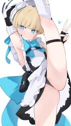 Rule 34 | 1girl, armpits, black leotard, blonde hair, blue archive, blue bow, blue bowtie, blue eyes, blue ribbon, blunt bangs, bow, bowtie, chest harness, closed mouth, dress, elbow gloves, expressionless, gloves, groin, hair ribbon, halo, harness, highres, leg hold, leg lift, leg up, leotard, long hair, looking at viewer, maid headdress, mikozin, ribbon, simple background, sleeveless turtleneck leotard, solo, split, standing, standing on one leg, standing split, thigh strap, toki (blue archive), white background