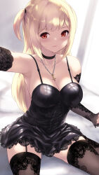 Rule 34 | 1girl, amane misa, arm up, armpits, black choker, black dress, black garter straps, black sleeves, black thighhighs, blonde hair, cait aron, choker, closed mouth, death note, detached sleeves, dress, garter straps, highres, jewelry, lace, lace-trimmed dress, lace legwear, lace sleeves, lace trim, light blush, light smile, long hair, looking at viewer, necklace, one side up, red eyes, selfie, sitting, solo, thighhighs