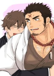 Rule 34 | bara, beads, beard, birthday, black hair, blush, brown hair, character request, chest hair, closed eyes, commentary, facial hair, harada (basashi), houzouin oniwaka, hug, hug from behind, japanese clothes, kimono, large pectorals, looking at another, looking back, male focus, open mouth, pectoral cleavage, pectorals, prayer beads, protagonist 4 (housamo), scar, scar on face, scar on forehead, sweat, tassel, tokyo houkago summoners, yaoi