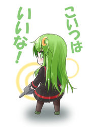 Rule 34 | 1girl, blush, chibi, commentary request, crescent, crescent hair ornament, green eyes, green hair, hair ornament, ichimi, kantai collection, long hair, looking back, nagatsuki (kancolle), open mouth, pantyhose, school uniform, serafuku, solo, translation request