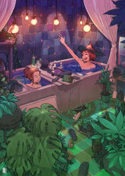 Rule 34 | 2girls, arm up, bathtub, bottle, brown hair, charging device, cup, food, glowing, highres, inukoko, leaf, light bulb, marshmallow, multiple girls, original, partially submerged, phone, plant, ponytail, potted plant, power strip, sandals, unworn sandals, short hair, tile floor, tile wall, tiles