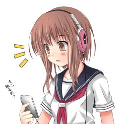 Rule 34 | 1girl, blush, brown eyes, brown hair, collarbone, digital media player, hair ornament, hairclip, headphones, highres, holding, ipod, ipod touch, looking away, neckerchief, open mouth, original, red neckerchief, school uniform, serafuku, short hair, short hair with long locks, short sleeves, simple background, solo, upper body, white background, wulock