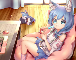 Rule 34 | 1girl, animal, animal ear fluff, animal ears, ball, bare shoulders, blue eyes, blue hair, blue skirt, braid, cellphone, closed mouth, computer, curtains, day, diagonal stripes, food, glass table, hair ribbon, highres, holding, holding food, holding phone, indoors, ken pyatsu, koyomi (shironeko project), laptop, long hair, looking at viewer, miniskirt, mouse (computer), off-shoulder shirt, off shoulder, phone, pink legwear, pleated skirt, popsicle, ribbon, shironeko project, shirt, skirt, smile, socks, striped ribbon, sunlight, table, tarou (shironeko project), thick eyebrows, white shirt, window, wolf, wolf ears, wooden floor