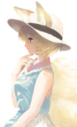 Rule 34 | 1girl, adapted costume, animal ears, bare arms, blonde hair, commentary request, ears through headwear, expressionless, fox ears, fox tail, hat, highres, profile, short hair, simple background, skirt, sleeveless, solo, sun hat, surumeri (baneiro), sweat, tail, touhou, white background, white hat, white skirt, yakumo ran, yellow eyes