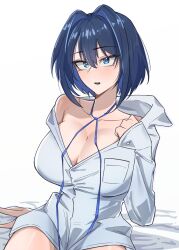 1girl blue_eyes blue_hair blue_ribbon breasts cleavage hair_intakes highres hololive hololive_english huge_breasts looking_at_viewer nokaa_aru ouro_kronii ribbon shirt short_hair simple_background solo virtual_youtuber white_background white_shirt