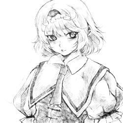 Rule 34 | 1girl, alice margatroid, closed mouth, commentary, frilled hairband, frills, greyscale, hairband, highres, looking at viewer, monochrome, necktie, puffy short sleeves, puffy sleeves, rye (hyn uka), short hair, short sleeves, simple background, smile, solo, touhou, vest, white background