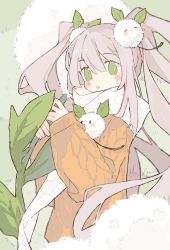Rule 34 | 1girl, artist name, blush, commentary, creature, creature on arm, dandelion, dot nose, english commentary, fingernails, flower, green background, green eyes, grey hair, hair between eyes, hair flower, hair ornament, highres, holding, holding flower, leaf, long hair, long sleeves, looking at viewer, melanbread, open mouth, orange sweater, original, oversized flower, scarf, sidelocks, signature, sleeves past wrists, solo, sweater, tareme, twintails, watermark, white scarf, | |