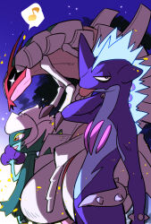 Rule 34 | black eyes, bright pupils, claws, commentary request, creatures (company), game freak, gen 4 pokemon, gen 7 pokemon, gen 8 pokemon, golisopod, hand up, highres, looking at viewer, looking to the side, musical note, naruse makoto, nintendo, no humans, open mouth, outdoors, pokemon, pokemon (creature), roserade, sky, smile, spoken musical note, standing, tongue, tongue out, toxtricity, toxtricity (low key), white pupils