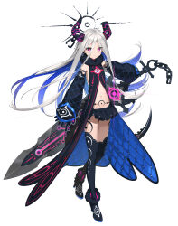 Rule 34 | 1girl, absurdres, black footwear, black gloves, black thighhighs, blue hair, broken horn, chain, chest jewel, closed mouth, detached sleeves, earrings, flat chest, full body, fur collar, gloves, grey hair, hair between eyes, halo, highres, holding, horns, jewelry, long hair, looking at viewer, midriff, multicolored hair, original, pink eyes, pointy ears, simple background, solo, tattoo, thighhighs, very long hair, wasabi60, white background