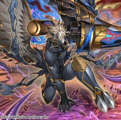 Rule 34 | 1boy, arm support, armor, bird boy, black bodysuit, bodysuit, claw (weapon), commentary, duel monster, feathered wings, half mask, highres, holding, holding weapon, hucydin, looking at viewer, male focus, mask, on one knee, plague doctor mask, single wing, spiked hair, torn clothes, tri-brigade arms bucephalus ii, tri-brigade shuraig the ominous omen, twitter username, weapon, white hair, wings, yu-gi-oh!