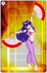 Rule 34 | 1girl, arabian clothes, barefoot, bra, bracelet, breasts, brown eyes, cleavage, covered erect nipples, double bun, feet, female focus, full body, happy, highres, jewelry, large breasts, long hair, open mouth, purple bra, purple hair, ranma 1/2, shampoo (ranma 1/2), solo, tagme, tenzen, underwear