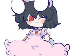 Rule 34 | 1girl, :3, animal ears, black hair, blush, carrot necklace, chahan (fried rice0614), chibi, commentary, cowboy shot, dress, floppy ears, frilled sleeves, frills, inaba tewi, jewelry, looking at viewer, neck ribbon, necklace, one eye closed, pink dress, pink shirt, puffy short sleeves, puffy sleeves, rabbit ears, rabbit girl, rabbit tail, red eyes, red ribbon, ribbon, ribbon-trimmed dress, ribbon-trimmed sleeves, ribbon trim, shirt, short hair, short sleeves, simple background, solo, tail, touhou, v, wavy hair, white background